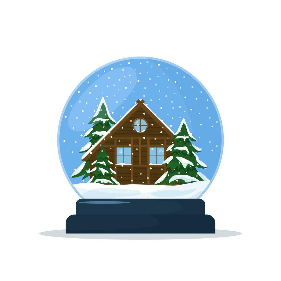 cristal neige globe avec flocon de neige. cristal verre Balle avec bois maison isolé dans blanc Contexte. vecteur illustration