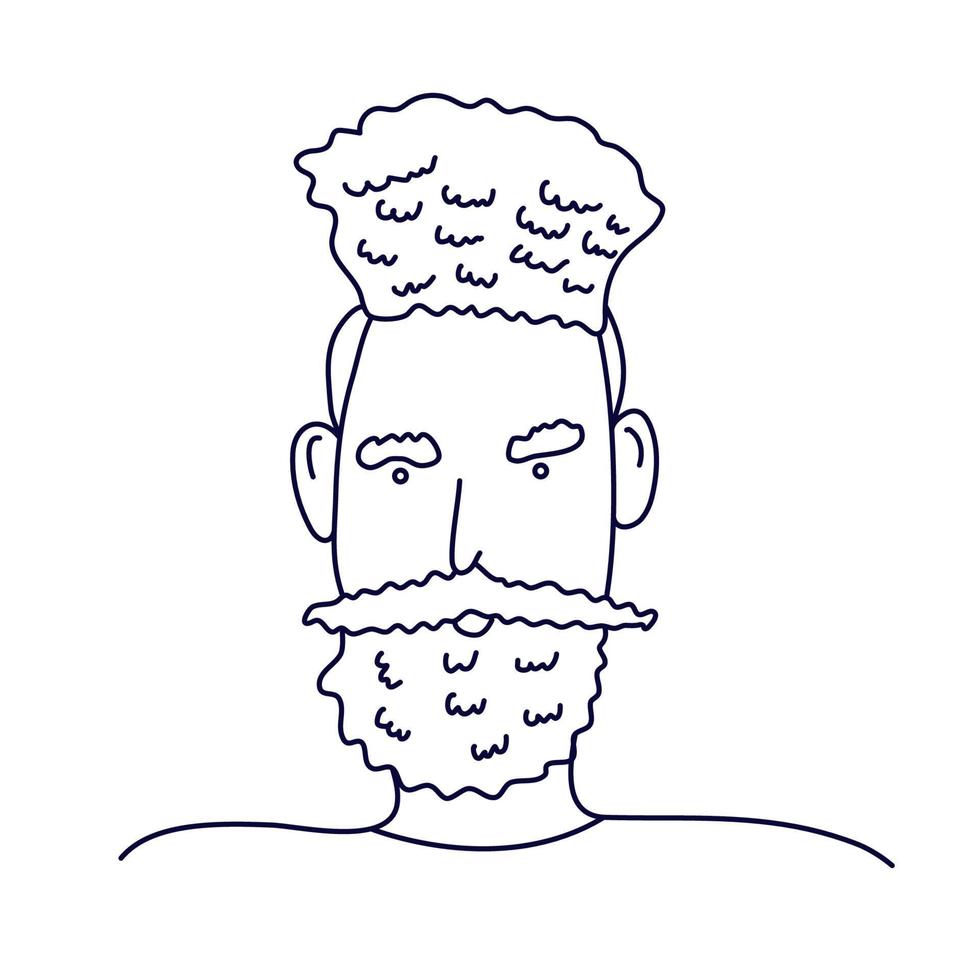 griffonnage portrait de une gars avec frisé cheveux. isolé contour. il a une barbe et une moustache. main tiré vecteur illustration dans noir encre sur blanc Contexte