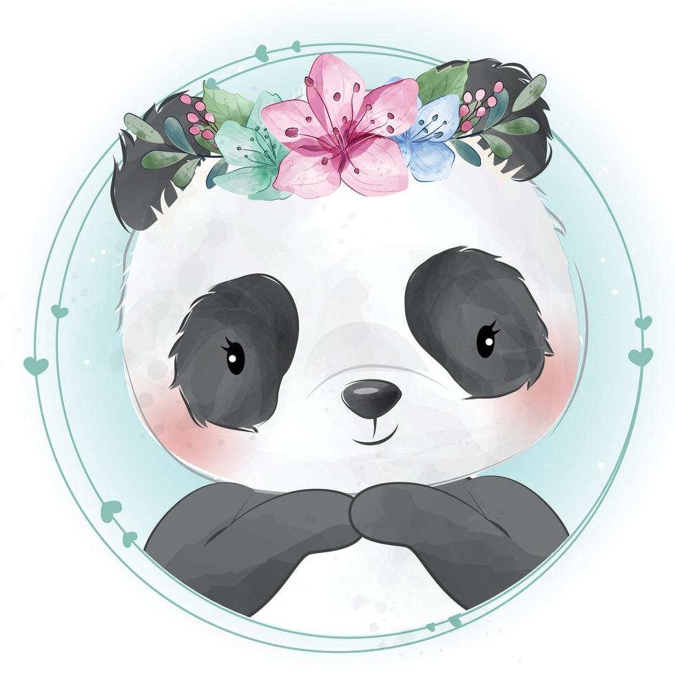 panda mignon avec illustration florale vecteur