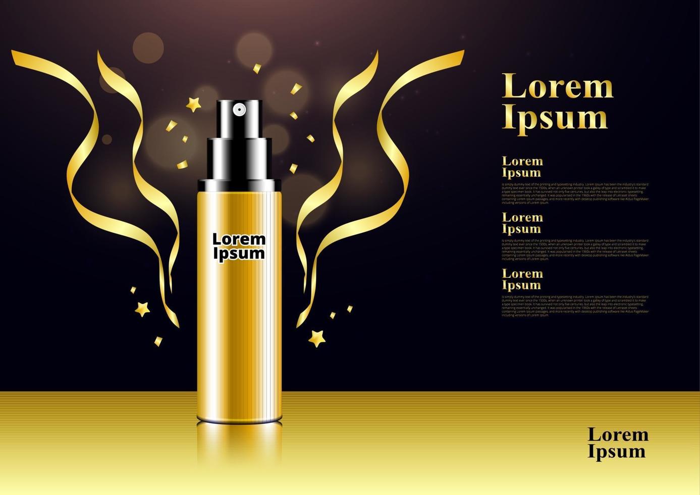 affiche de produit cosmétique fond or bokeh noir avec ruban confettis spray package vector design