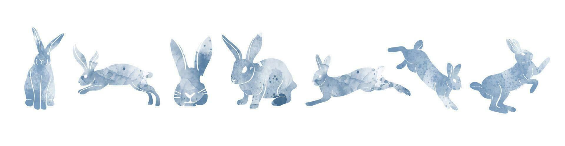 aquarelle style bleu lapin silhouette illustration ensemble. vecteur