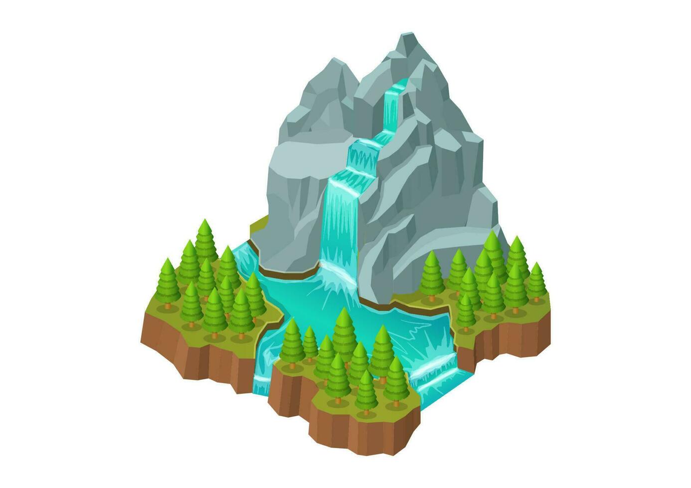 Montagne avec rivière cascade et pin forêt vecteur