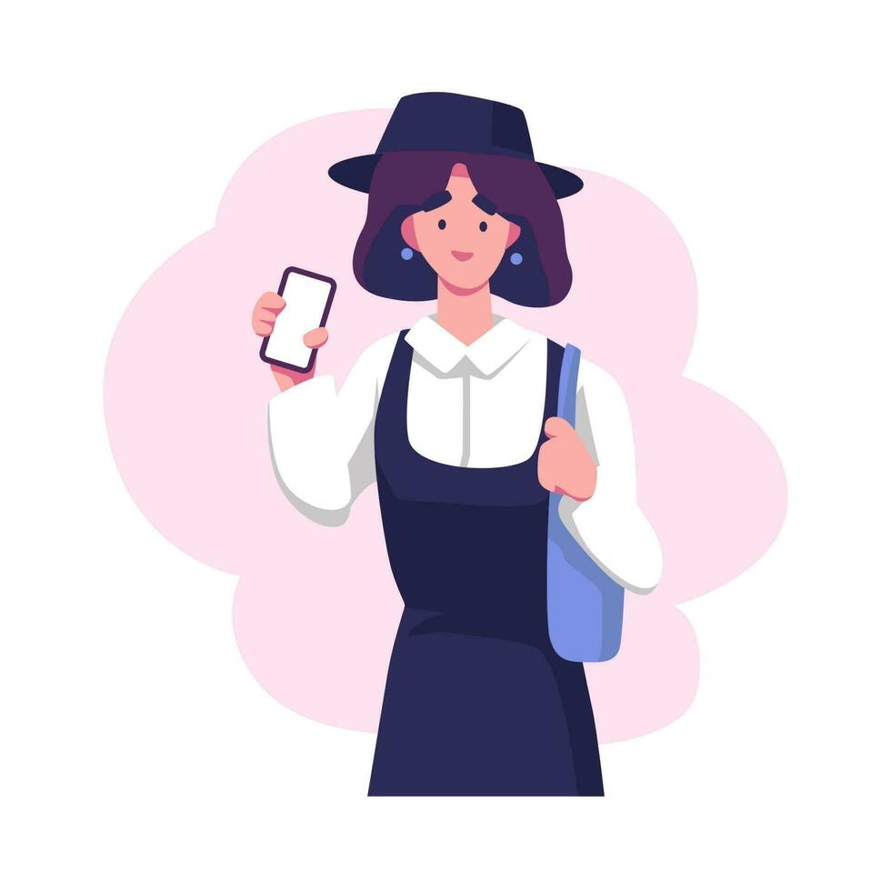 content Jeune fille en portant les smartphones plat style illustration vecteur