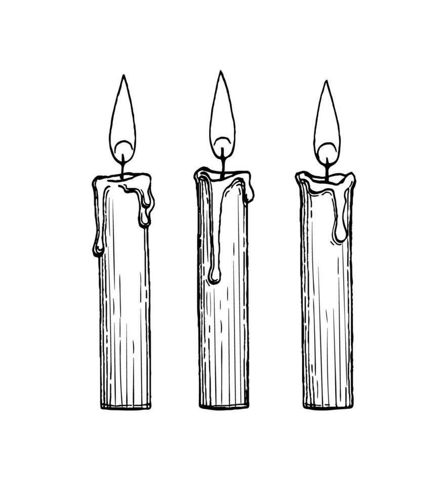 mince bougies brûlant. encre esquisser isolé sur blanc Contexte. main tiré vecteur illustration. rétro style.