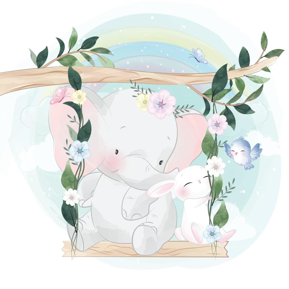 éléphant mignon avec lapin sur balançoire vecteur