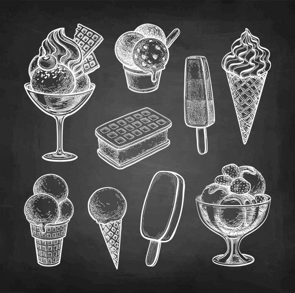 la glace crème gros collection. craie esquisser sur tableau noir Contexte. main tiré vecteur illustration. rétro style.