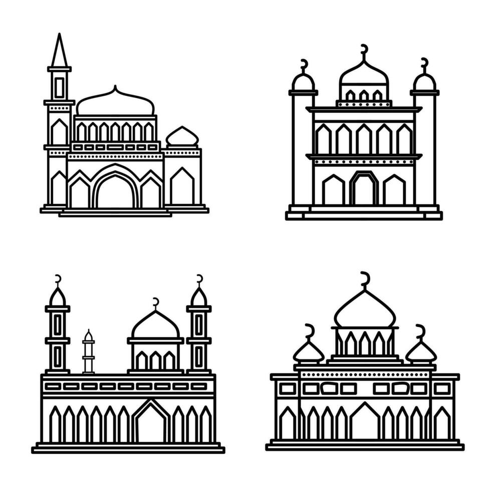 une ensemble de mosquée ligne dessins, parfait pour image livres ou salutation carte ornements vecteur