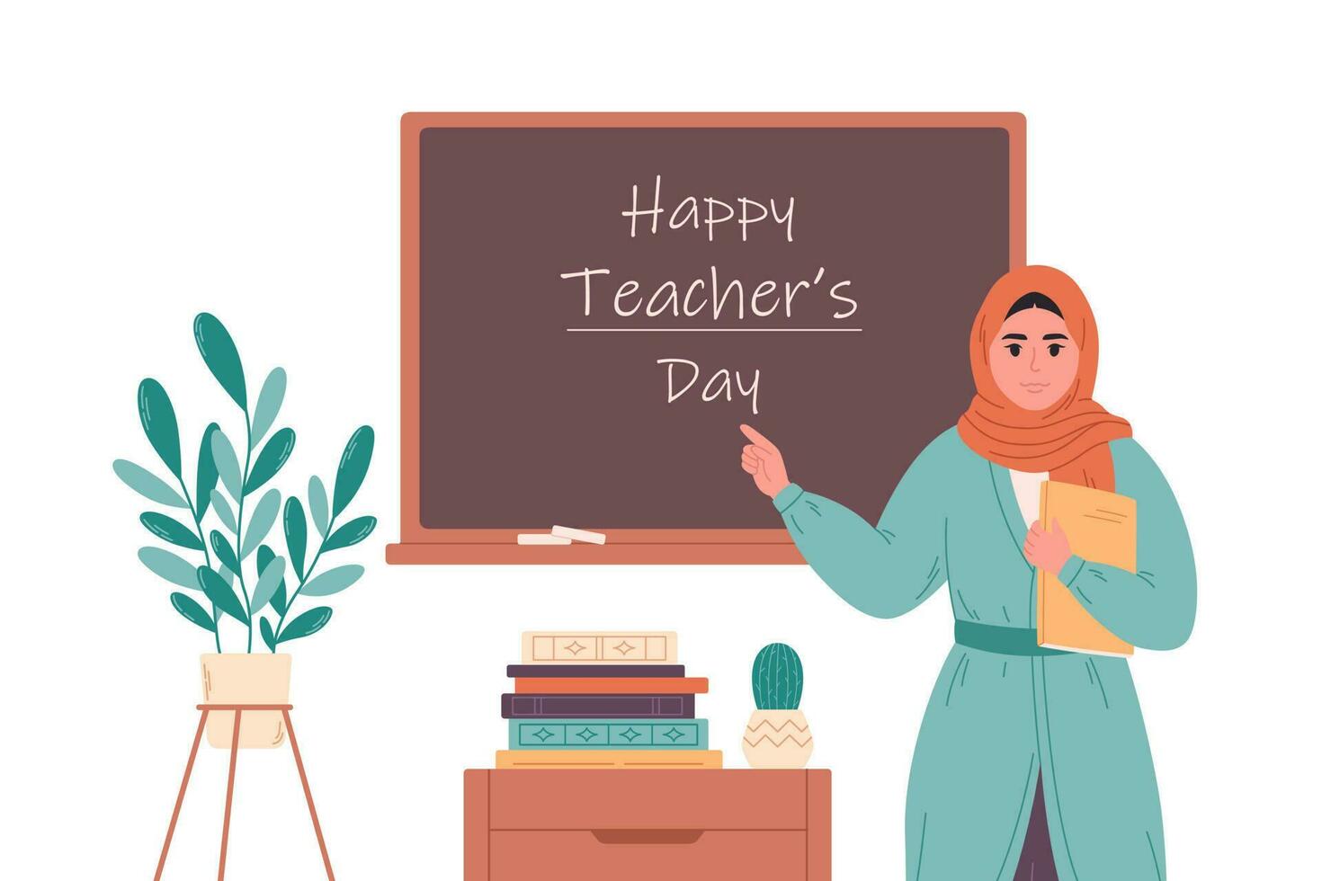 musulman femelle prof à salle de cours près tableau noir. éducation, conférence et leçon à école. vecteur
