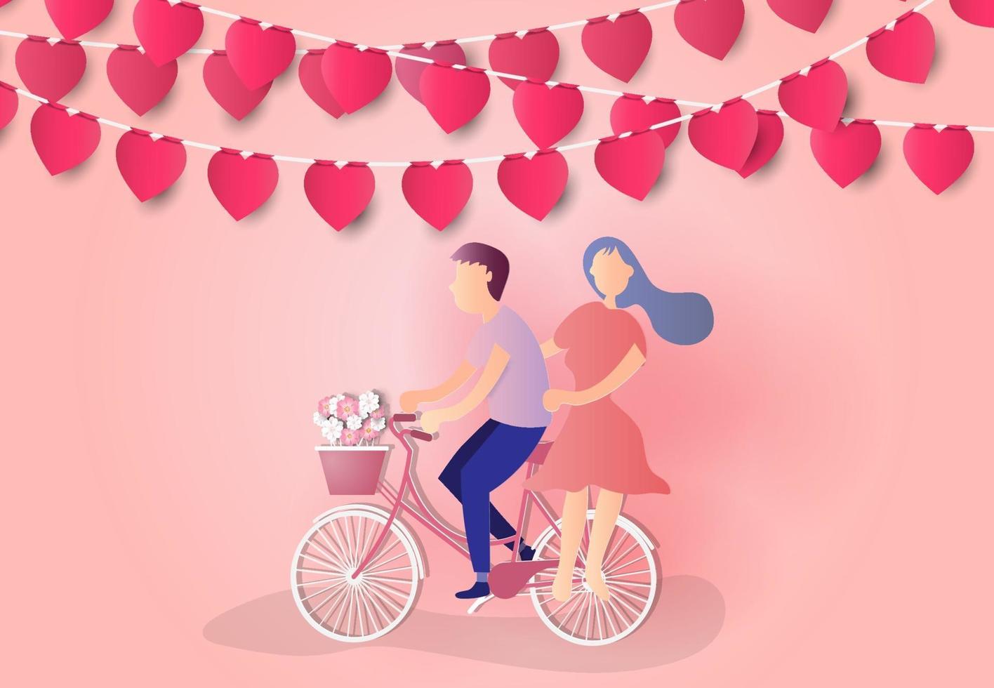 jeune couple amoureux et faire du vélo avec la carte de voeux de concept d'amour de la Saint-Valentin, style art papier. vecteur