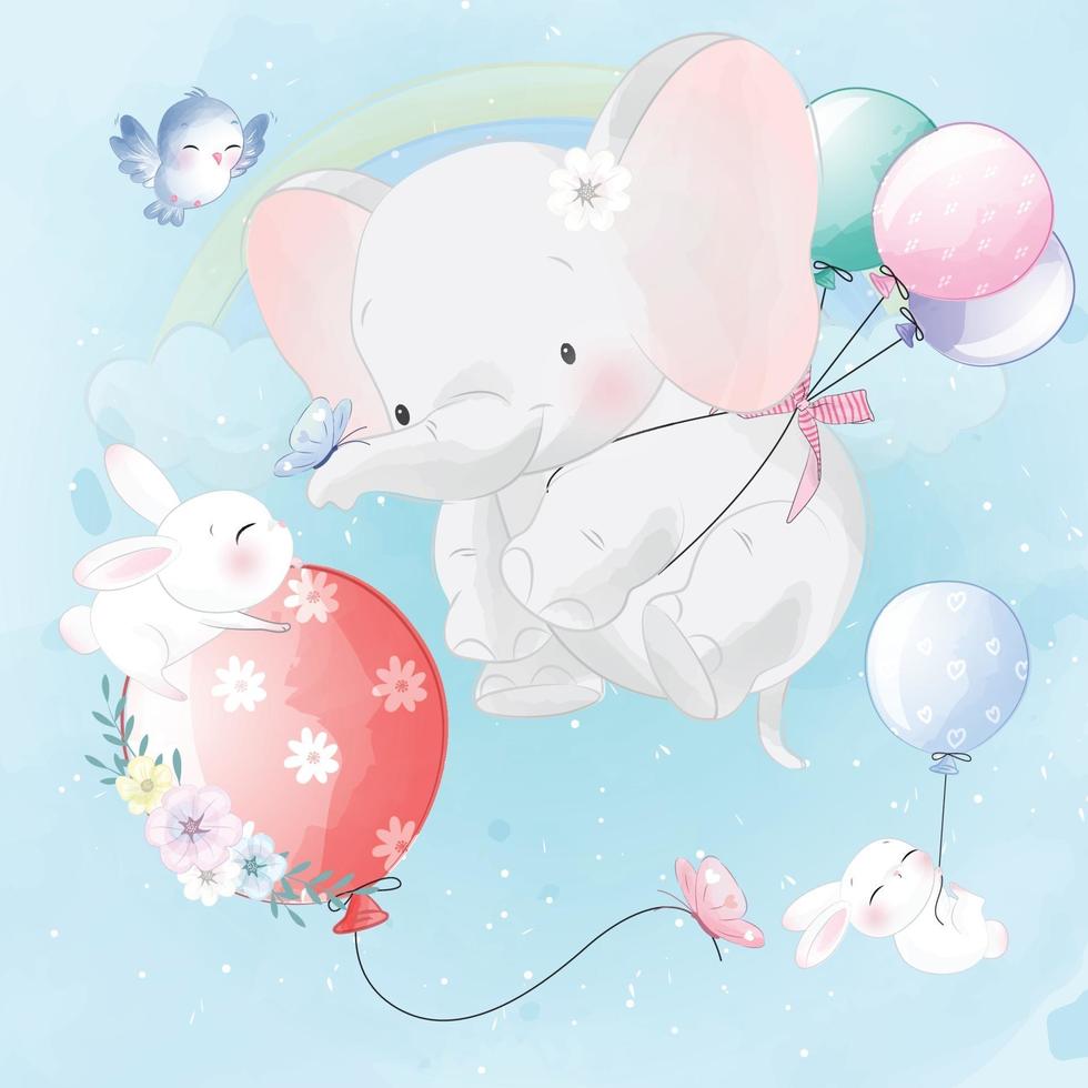 éléphant mignon avec lapin volant avec illustration de ballons vecteur