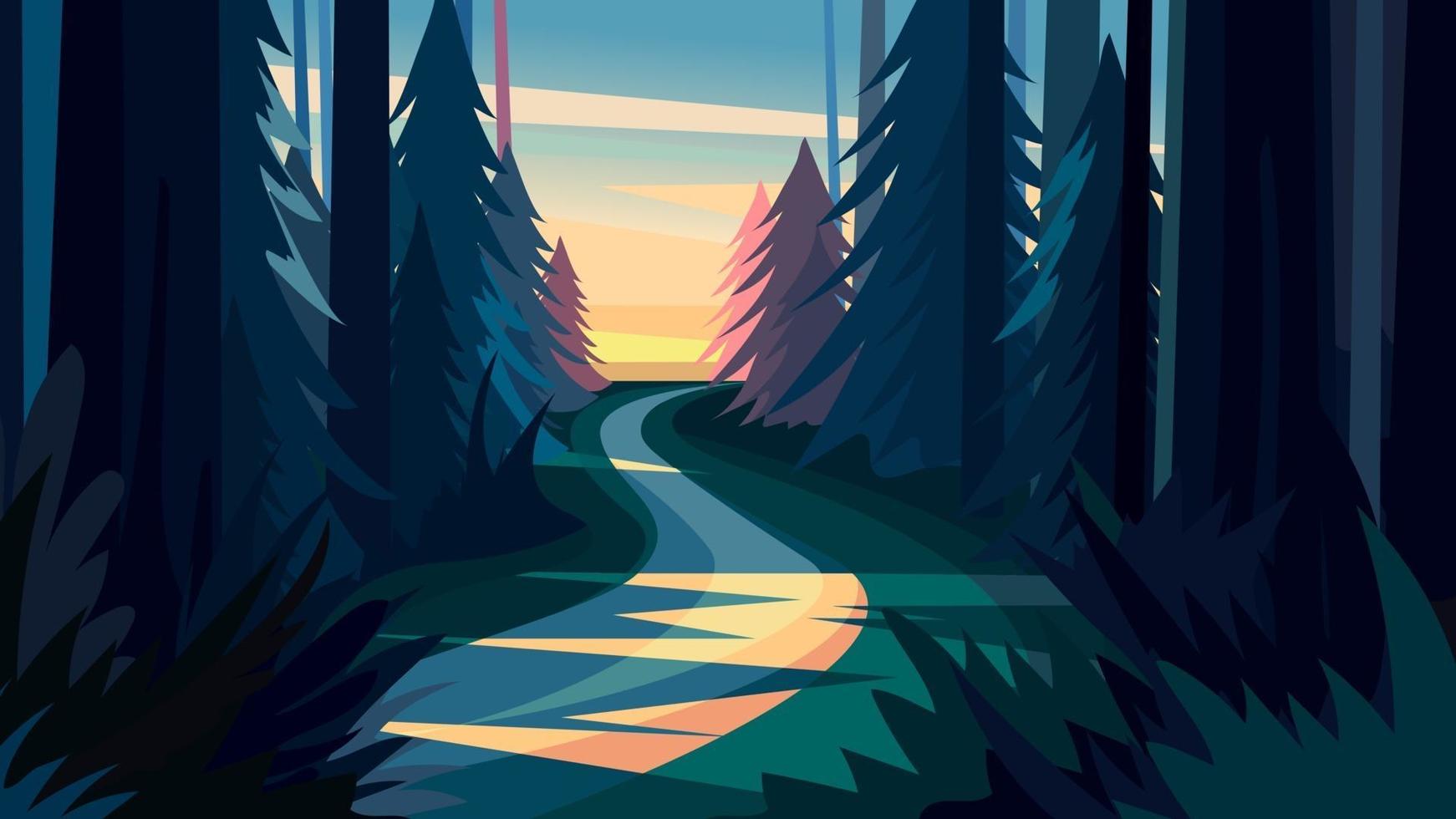 route dans la forêt au coucher du soleil. vecteur