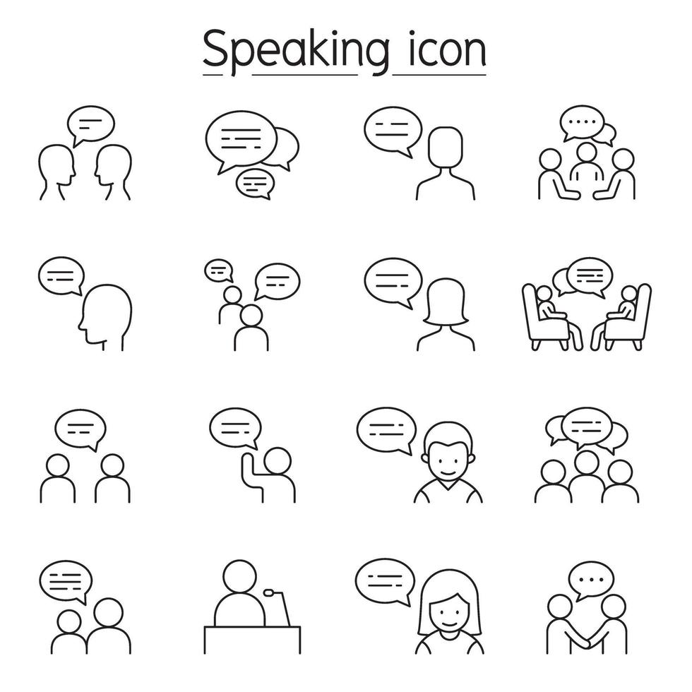 Parler, discours, discussion, dialogue, parler, chat, conférence, icône de réunion définie dans le style de ligne mince vecteur