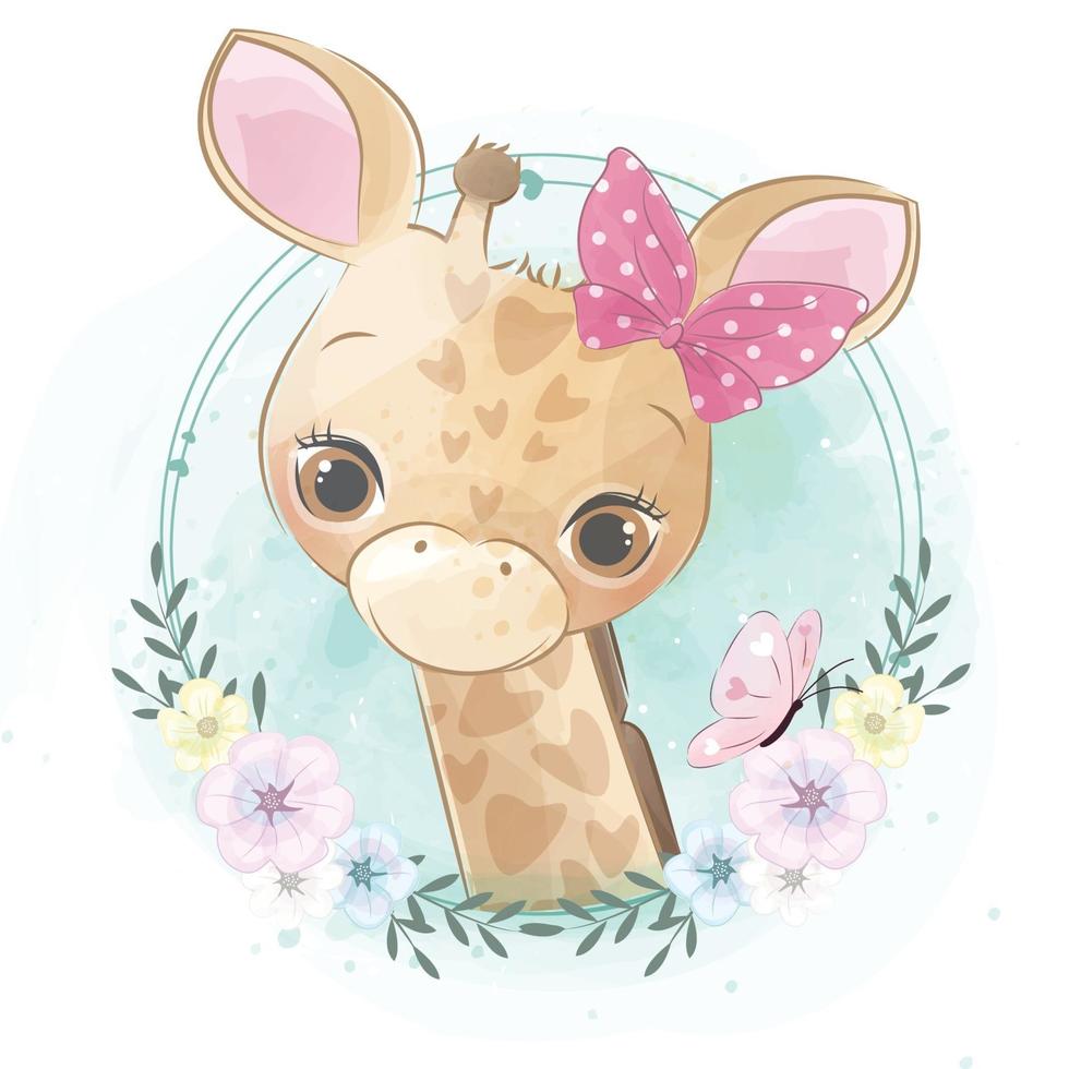 girafe mignonne avec illustration florale vecteur