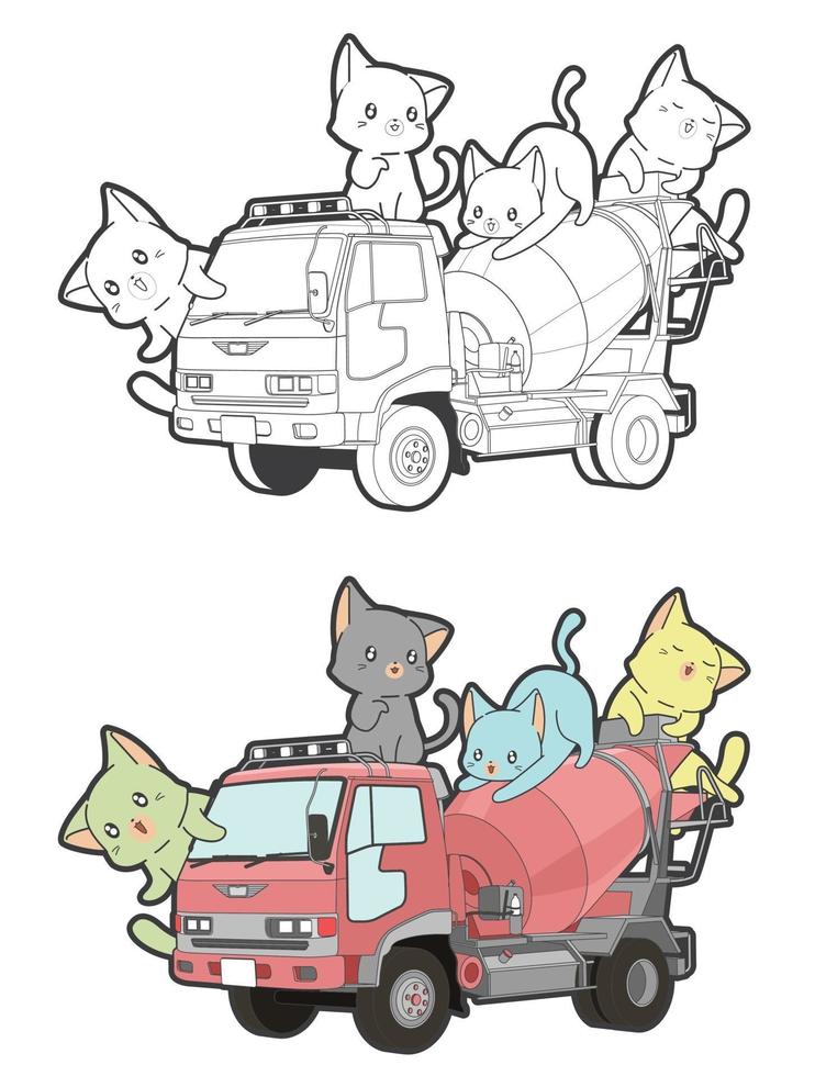 Chats mignons sur la page de coloriage de dessin animé de camion pour les enfants vecteur