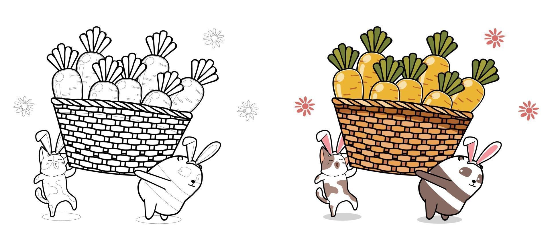 chat et panda soulèvent la page de coloriage de dessin animé de carottes pour les enfants vecteur