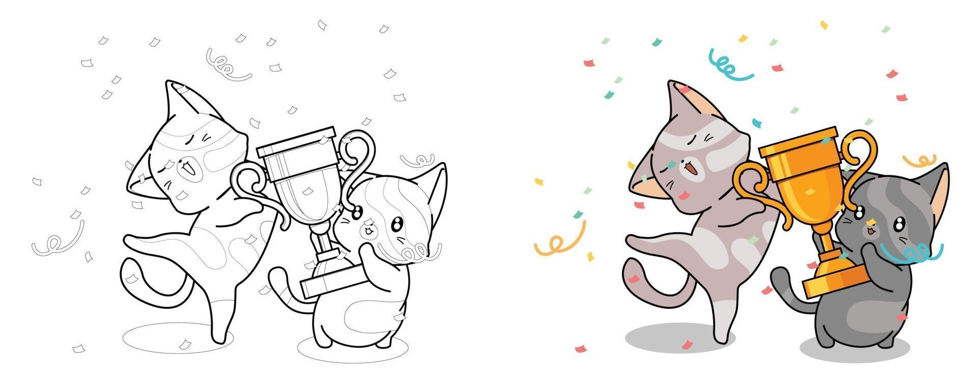 les chats mignons tiennent la page de coloriage de dessin animé de tasse de gagnant pour les enfants vecteur