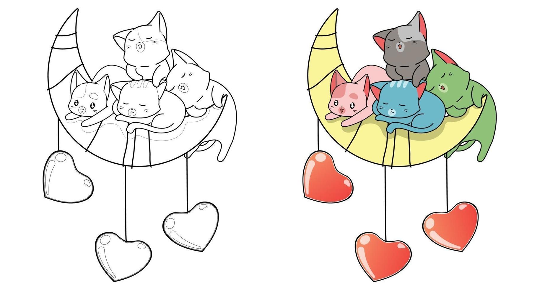 chats mignons et avec la lune et les coeurs coloriage de dessin animé pour les enfants vecteur