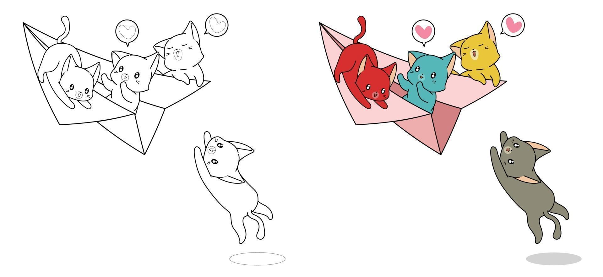 Les chats jouent avec le dessin animé d'avion en papier facilement coloriage pour les enfants vecteur