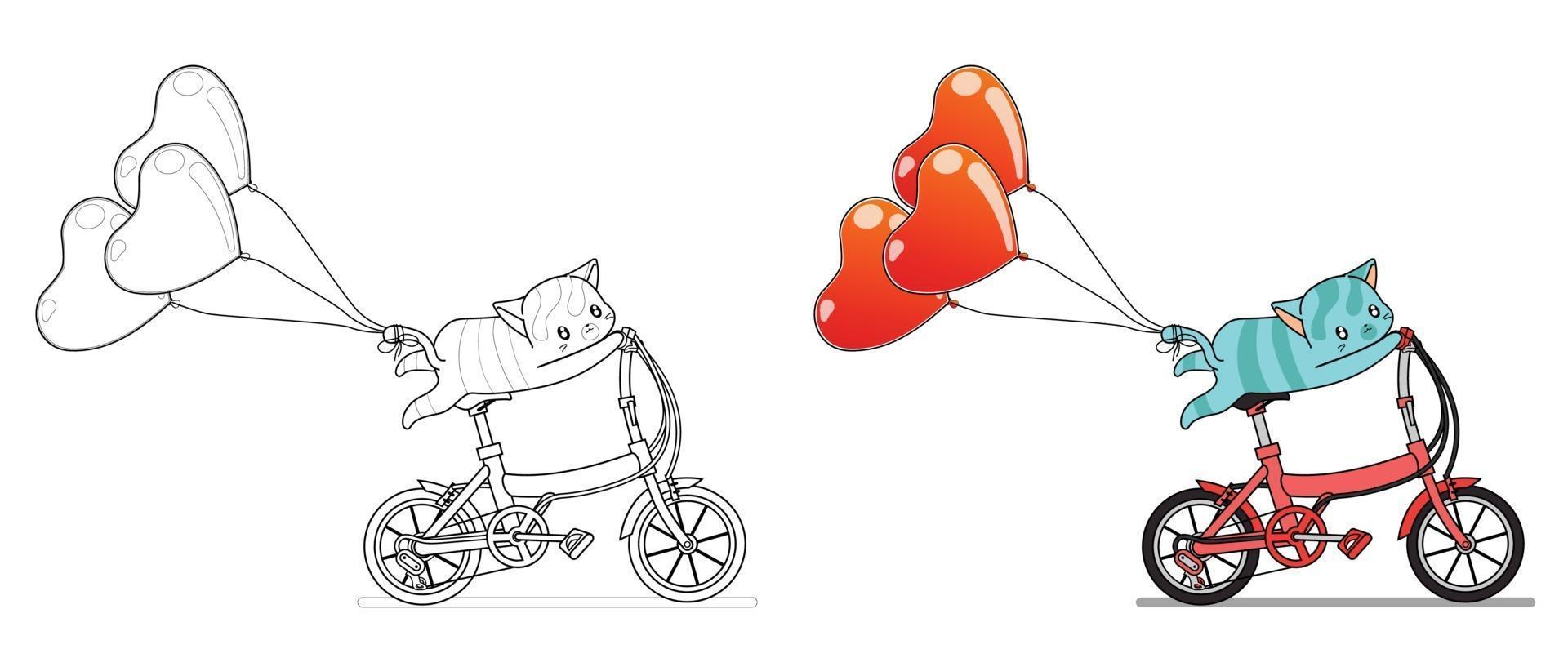 chat fait du vélo avec des ballons coeur coloriage de dessin animé pour les enfants vecteur