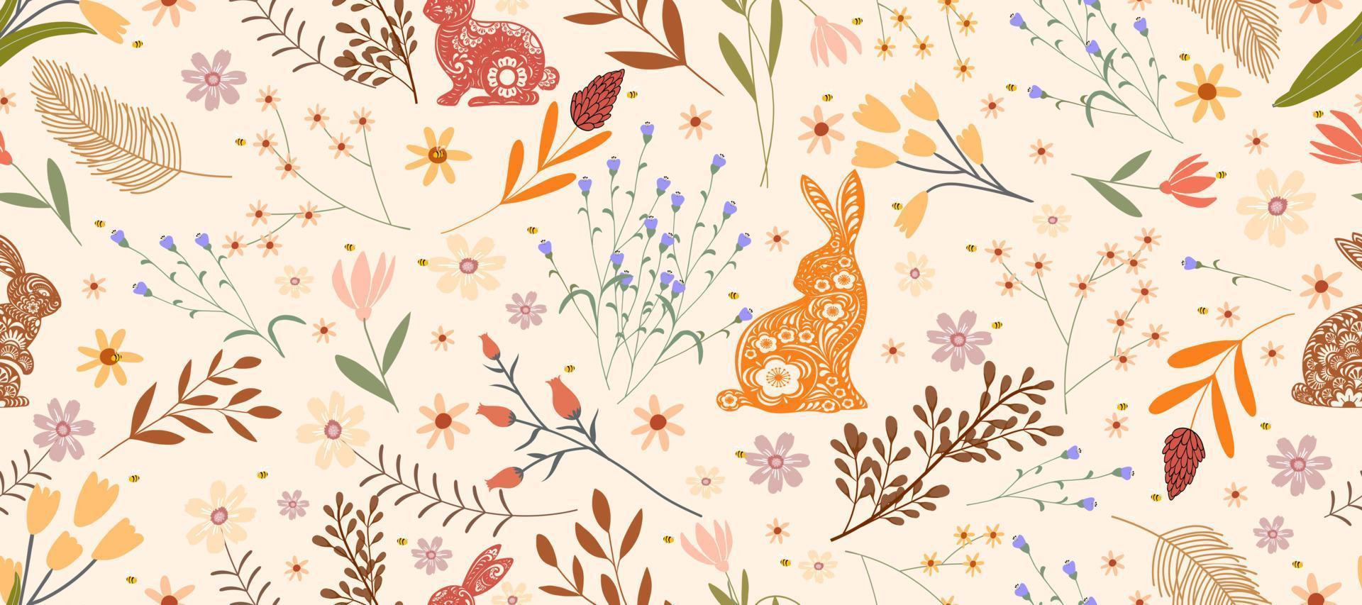 l'automne sans couture lapin papier Couper avec griffonnage fleur, congé sur Orange arrière-plan, automne Contexte bannière de mignonne main tiré coloré sauvage fleur et lapin, vecteur fantaisie lièvre pour emballage, papier peint