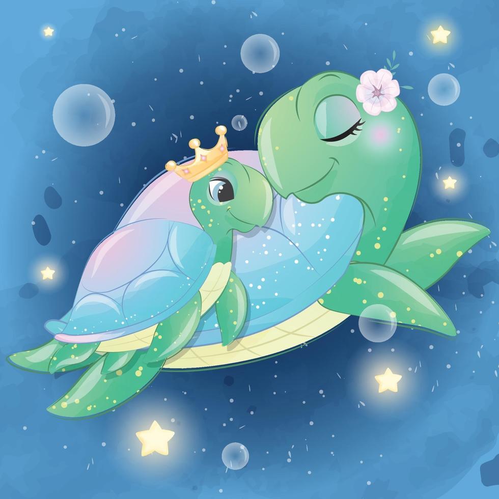 illustration mignonne mère et bébé tortue de mer vecteur