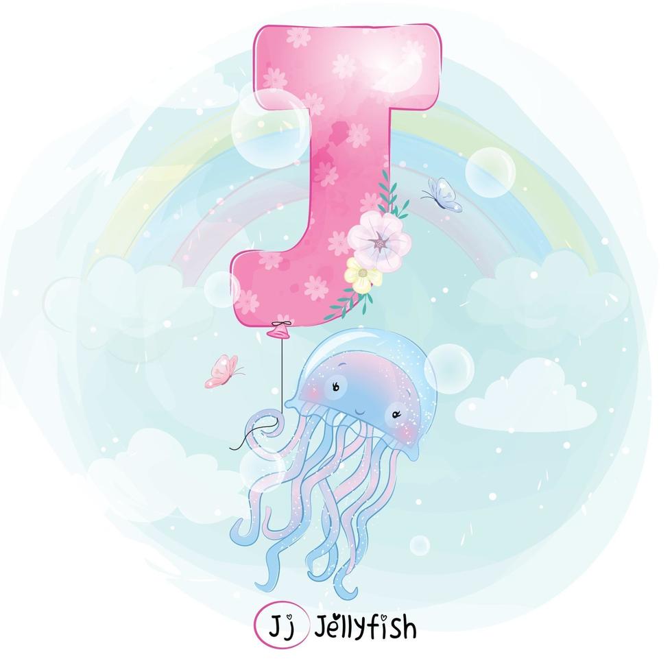 méduse mignonne avec illustration de ballon alphabet j vecteur