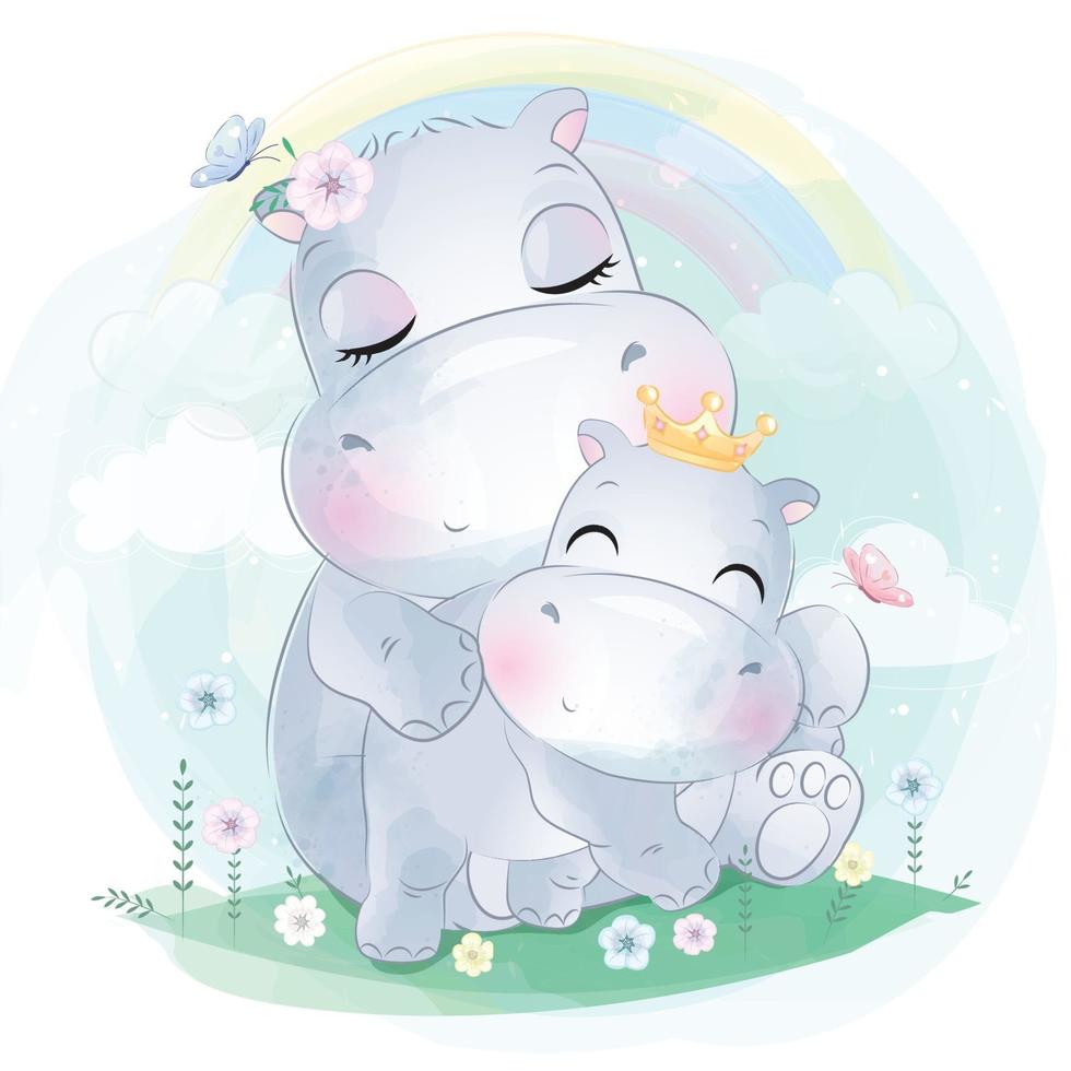 illustration mignonne mère et bébé hippopotame vecteur
