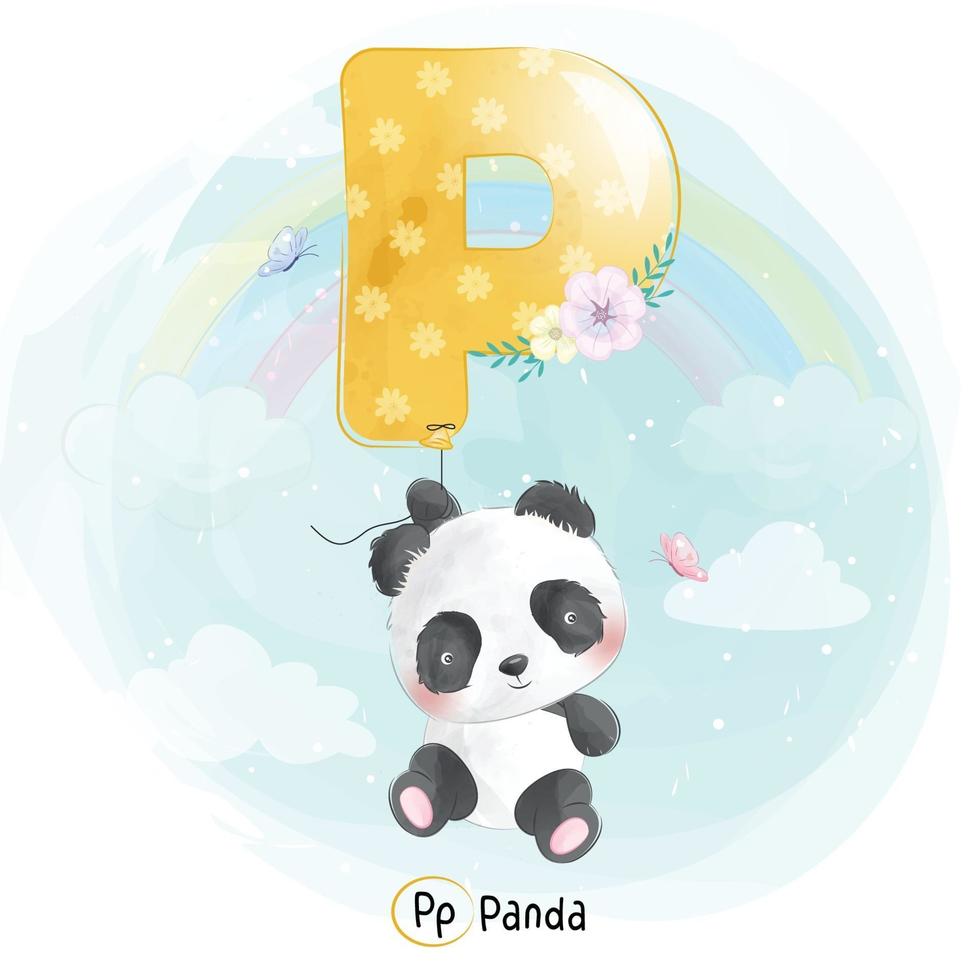 panda mignon avec illustration de ballon alphabet p vecteur