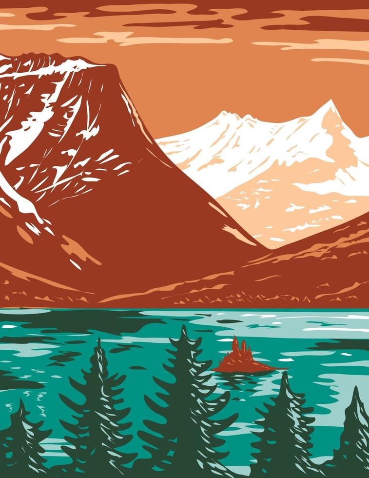 lac saint mary dans le parc national des glaciers situé dans le montana états-unis d'amérique, wpa poster art vecteur