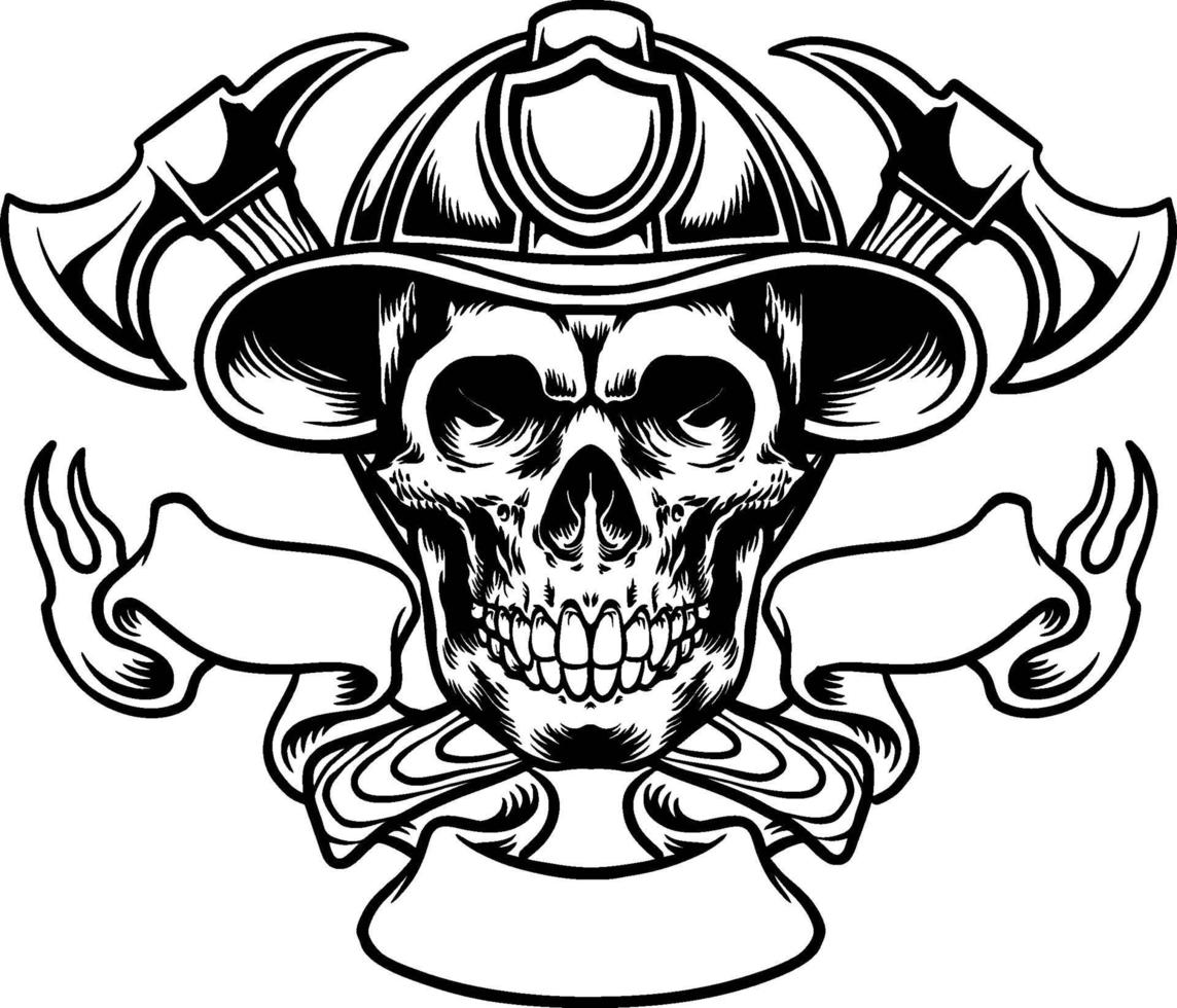 crâne dans le chapeau de pompier et hache croisée, silhouette de mascotte logo vecteur