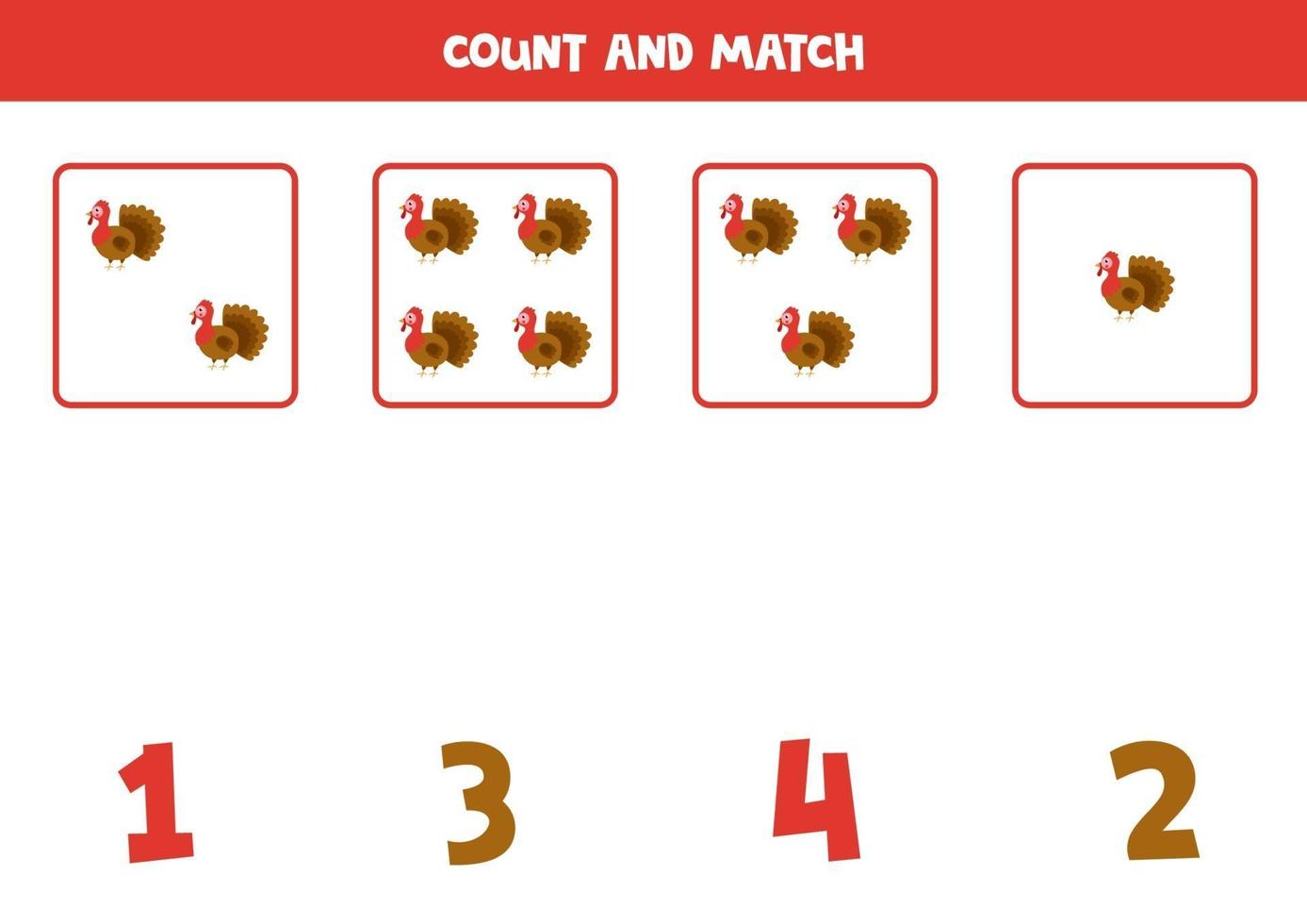 jeu de comptage avec des dindes de dessin animé. feuille de calcul mathématique. vecteur