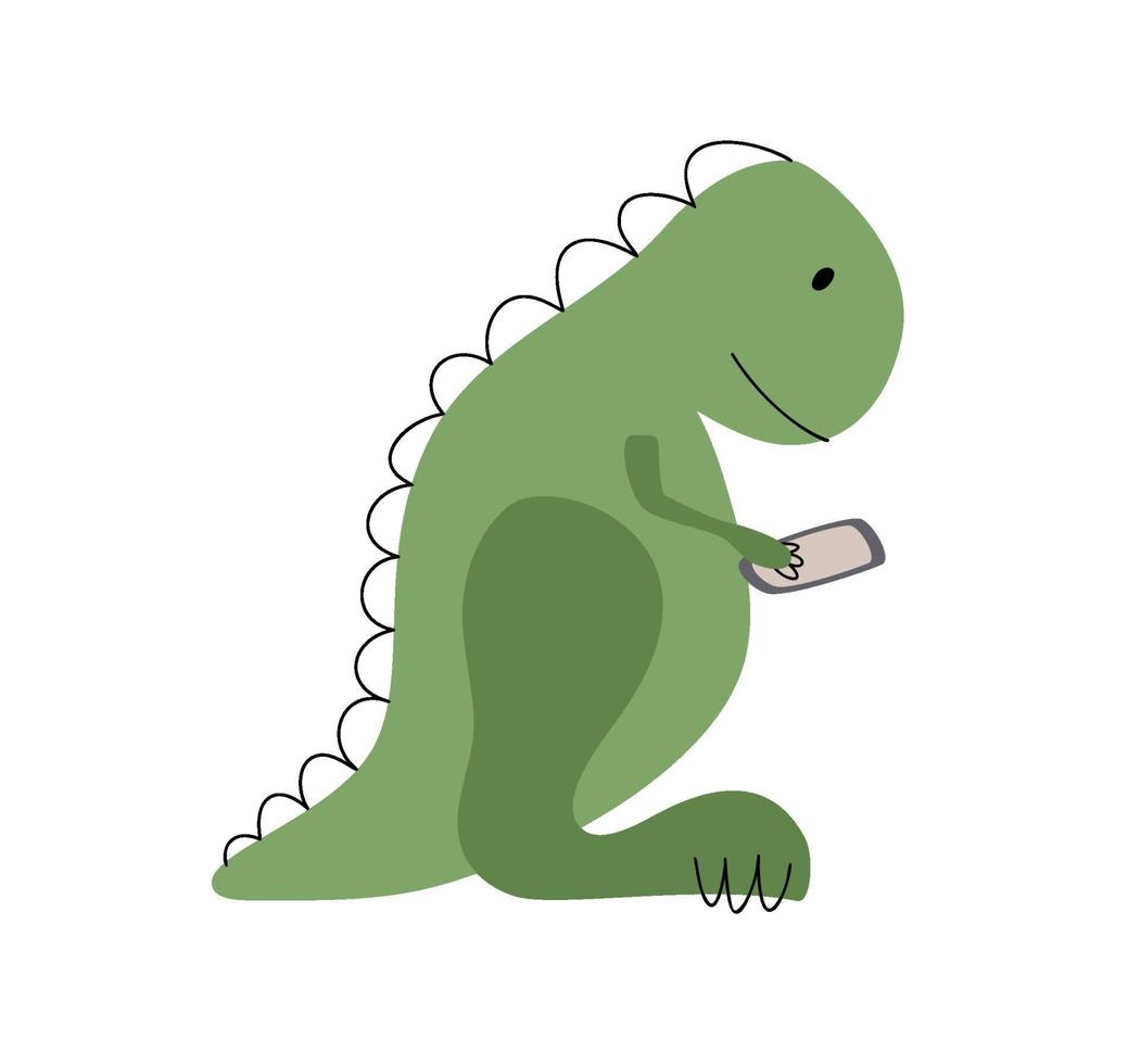 dino de vecteur vert avec smartphone. dessin animé mignon dessiné à la main dinosaure doodles illustration enfant scandinave. pour carte de voeux, t-shirt bébé, bannière ou affiche