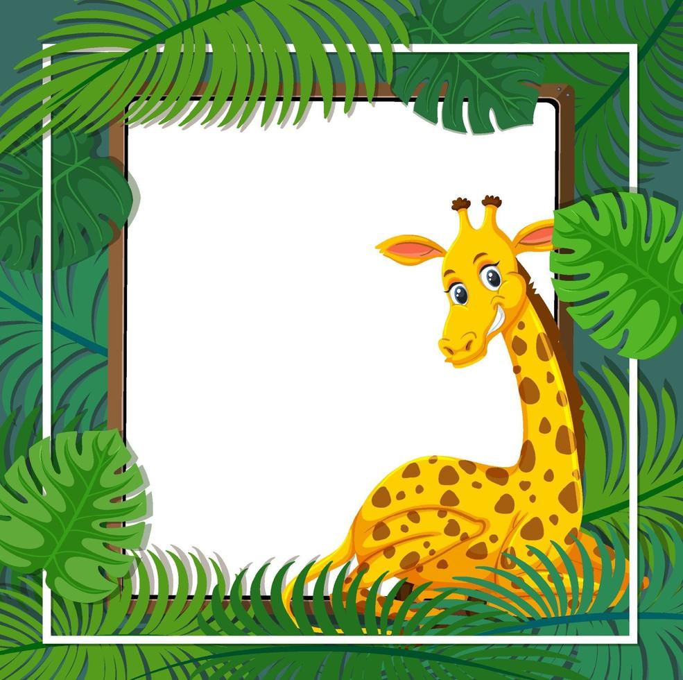 modèle de bannière de feuilles tropicales avec un personnage de dessin animé de girafe vecteur