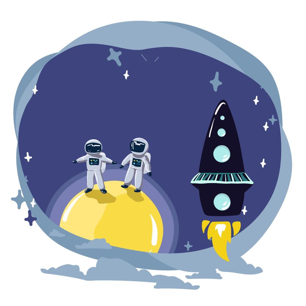 astronautes personnages ensemble dans plat dessin animé style. Humain astronaute et une mignonne extra-terrestre. ensemble de univers infographie vecteur illustration avec fusée, Satellite, espace gare, planètes, étoiles, Soleil