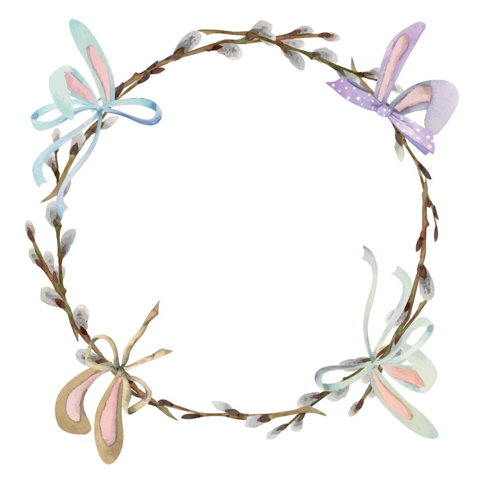 clipart de célébration de pâques dessiné à la main à l'aquarelle. couronne de cercle pastel avec oeufs, lapins, arcs et branches. isolé sur la conception de fond blanc pour les invitations, cadeaux, cartes de voeux, impression, textile vecteur