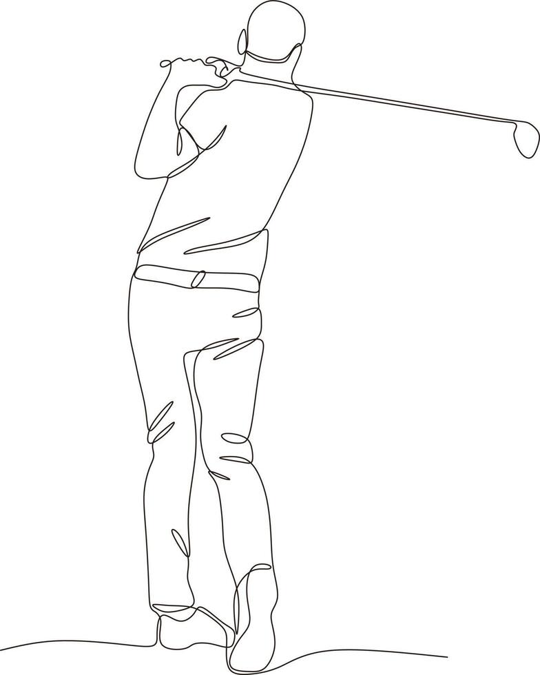 un ligne dessin de Jeune le golf joueur balançant le golf club et frappe balle. se détendre sport concept. tournoi promotion conception vecteur graphique illustration