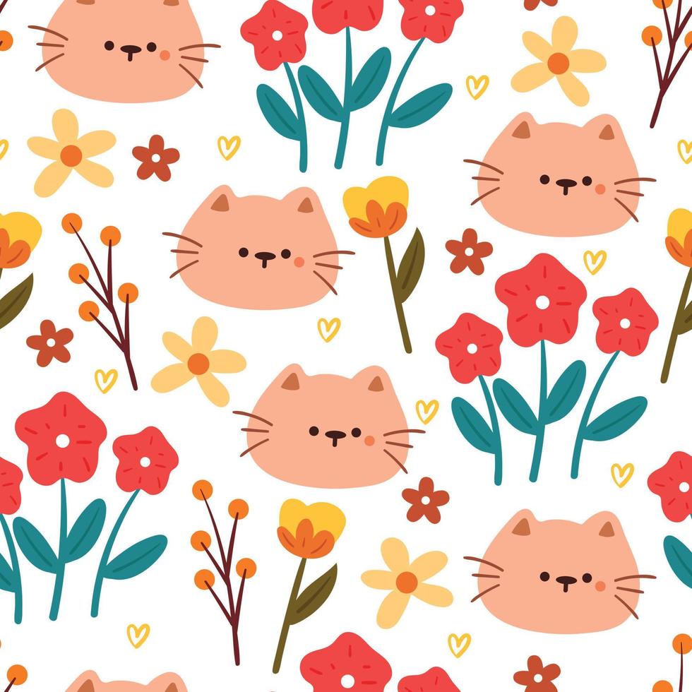 chat et fleur de dessin animé de modèle sans couture. papier peint animal mignon pour textile, papier cadeau vecteur