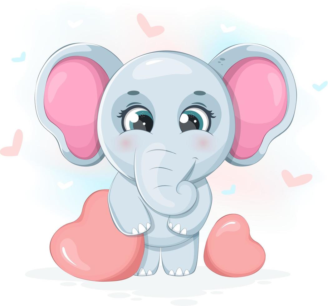 dessin animé doux l'éléphant avec cœurs vecteur