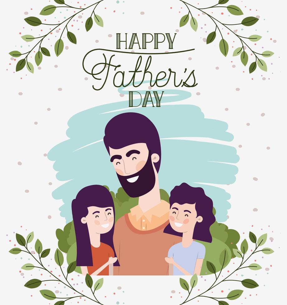 carte de fête des pères heureuse avec des personnages de papa et filles vecteur