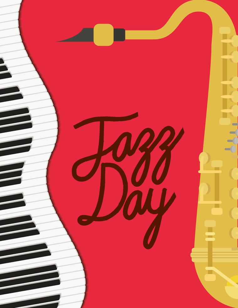 affiche de la journée du jazz avec clavier de piano et saxophone vecteur