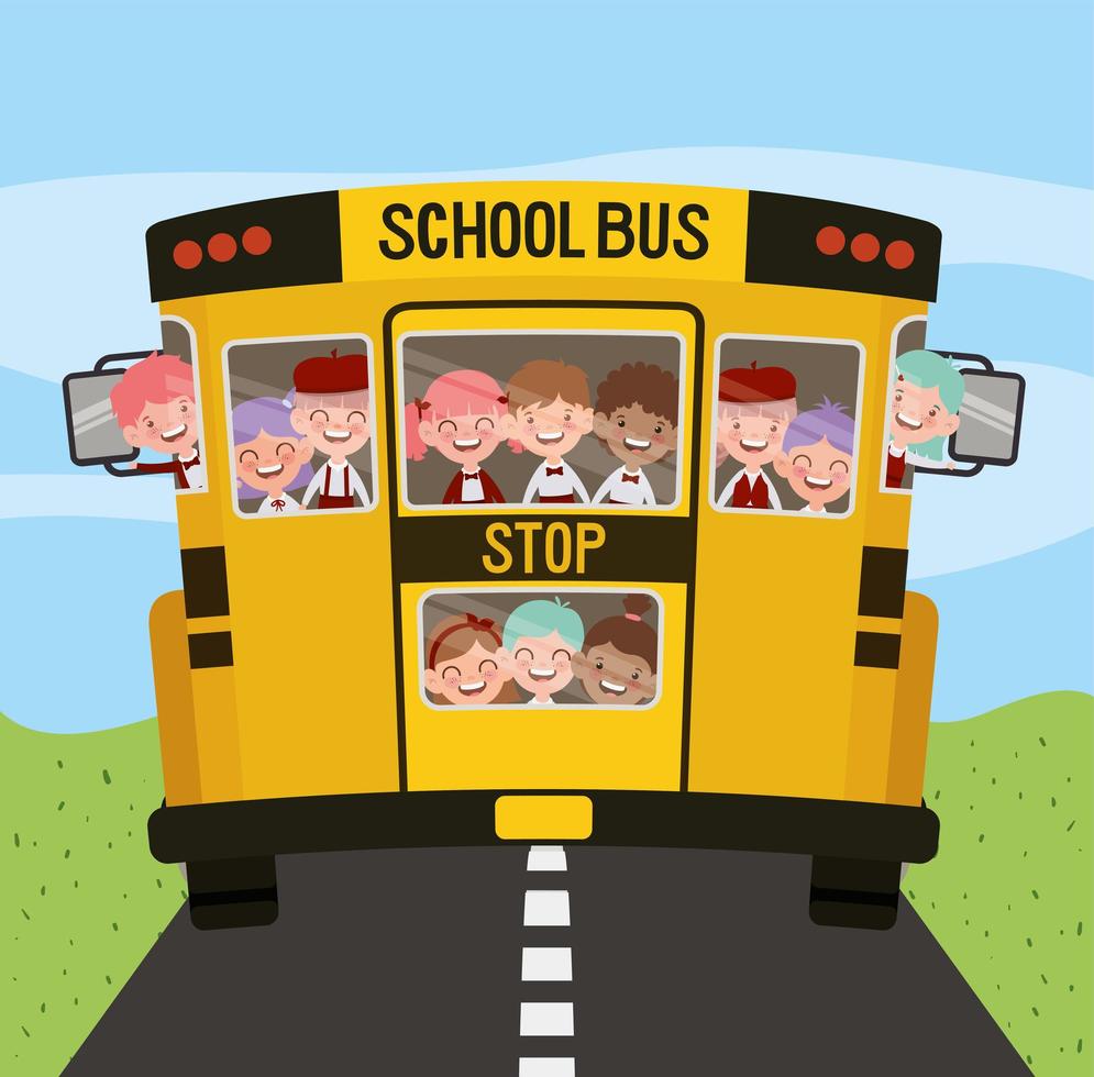 autobus scolaire avec des enfants sur la route vecteur