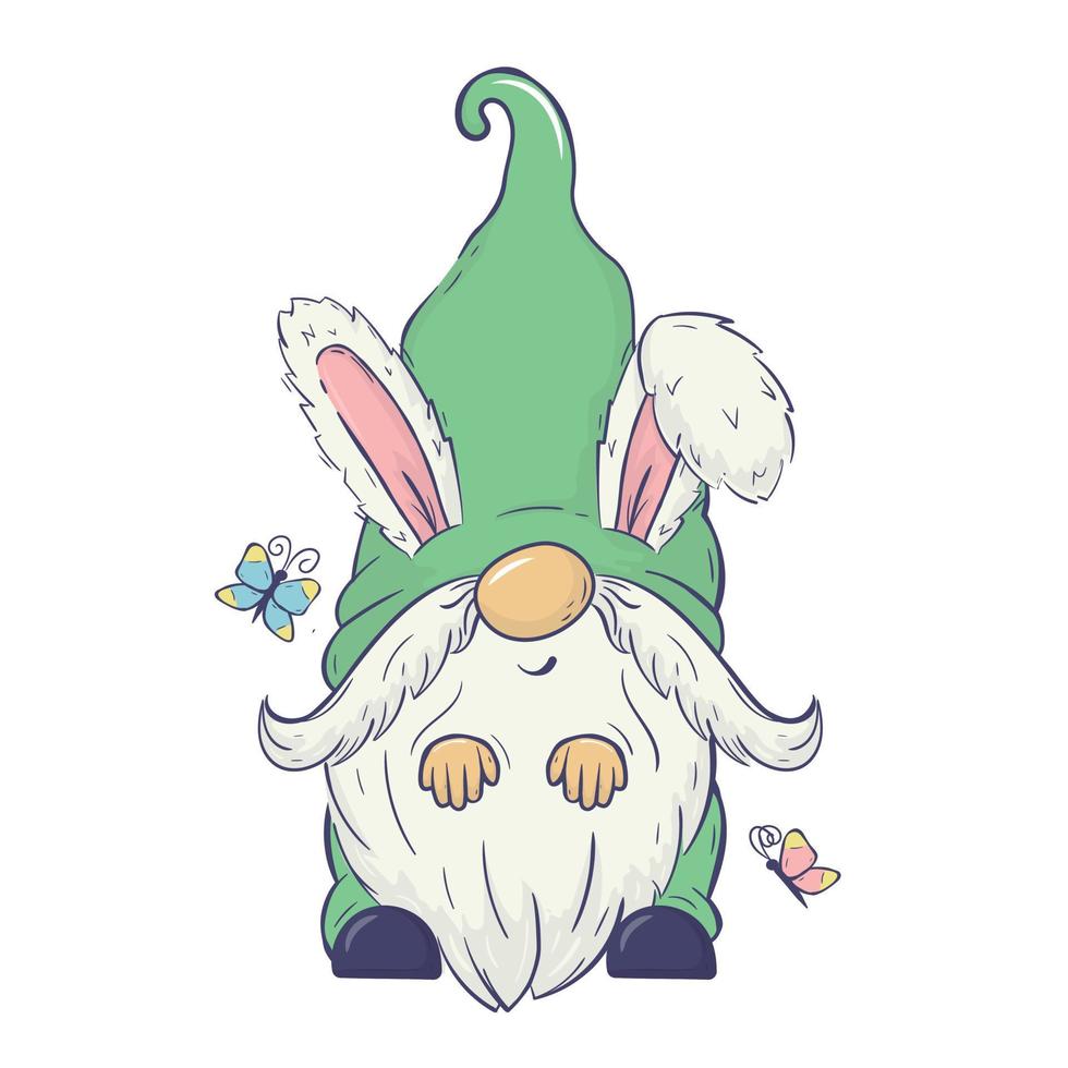 vecteur Pâques illustration avec printemps mignonne gnome avec lapin oreilles. pour cartes, faire-part, emballage conception, affiches, impressions