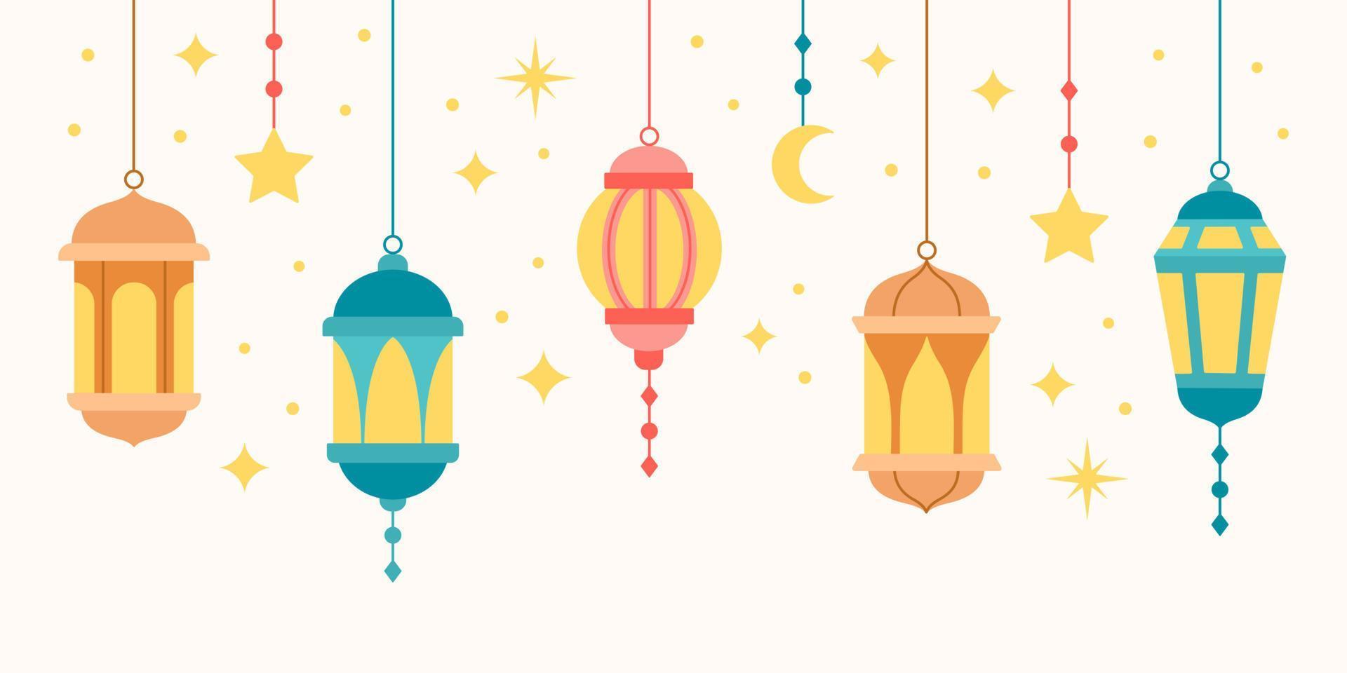 traditionnel est lanterne collection. arabe musulman coloré pendaison les lampes, croissants et étoiles. vecteur