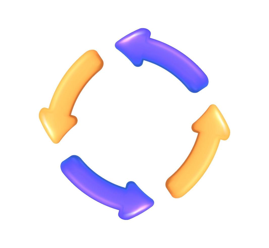 3d icône vecteur Jaune et violet quatre rond cycle flèches. engrener concept de recharger des dossiers ou information. rond redémarrer rafraîchir graphique la navigation système