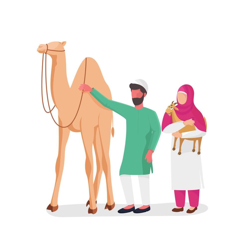 sans visage musulman homme et femme en portant une chèvre et chameau sur blanc Contexte. vecteur