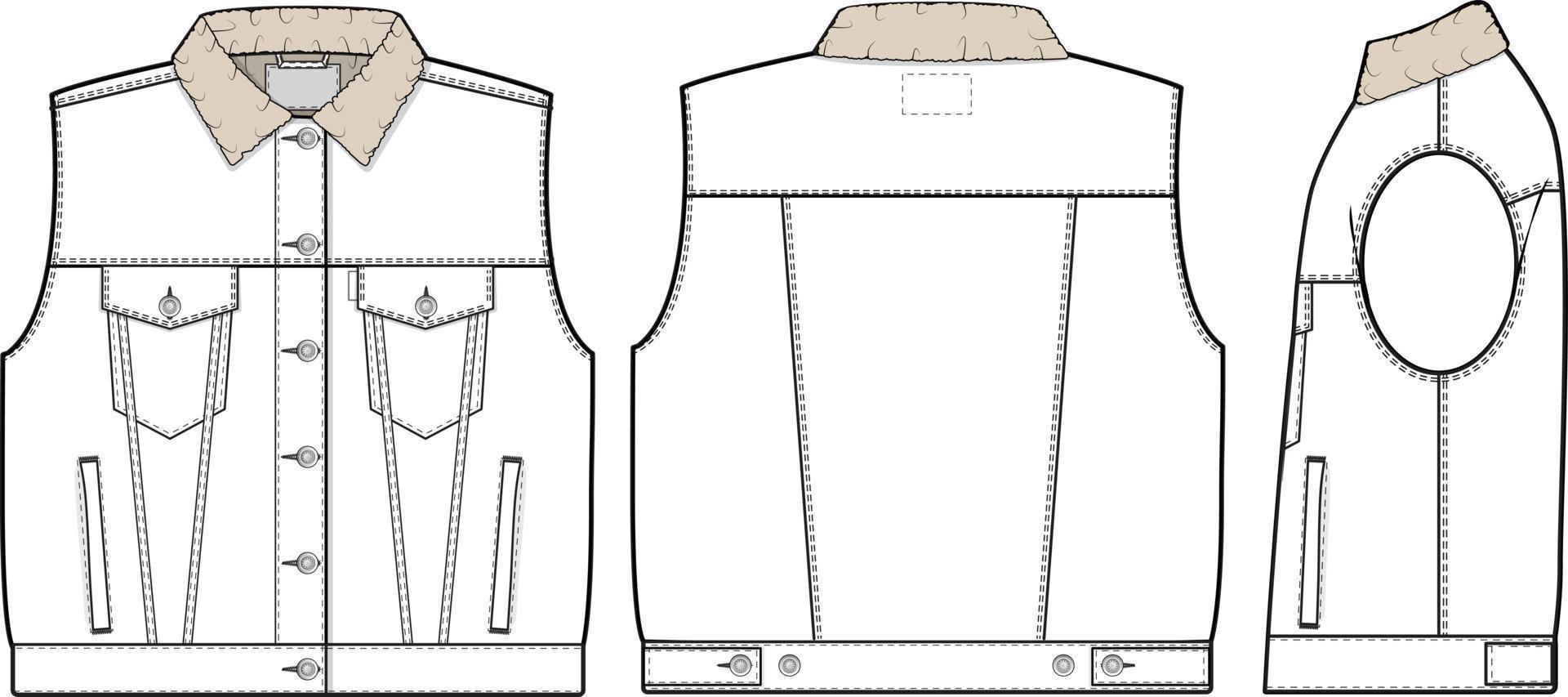 femmes énorme sherpa denim gilet camionneur vecteur plat technique dessin illustration maquette modèle pour conception et technologie packs mode cad vêtement de rue mode marque conception outil Ressource déposer.