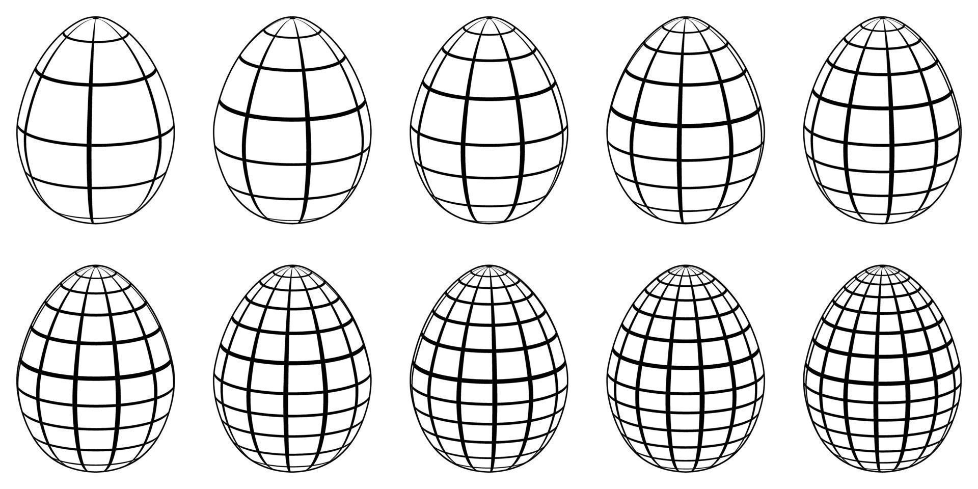 ensemble de 3d des œufs avec horizontal et verticale lignes, méridiens et parallèles, vecteur 3d des œufs stylisé comme globe