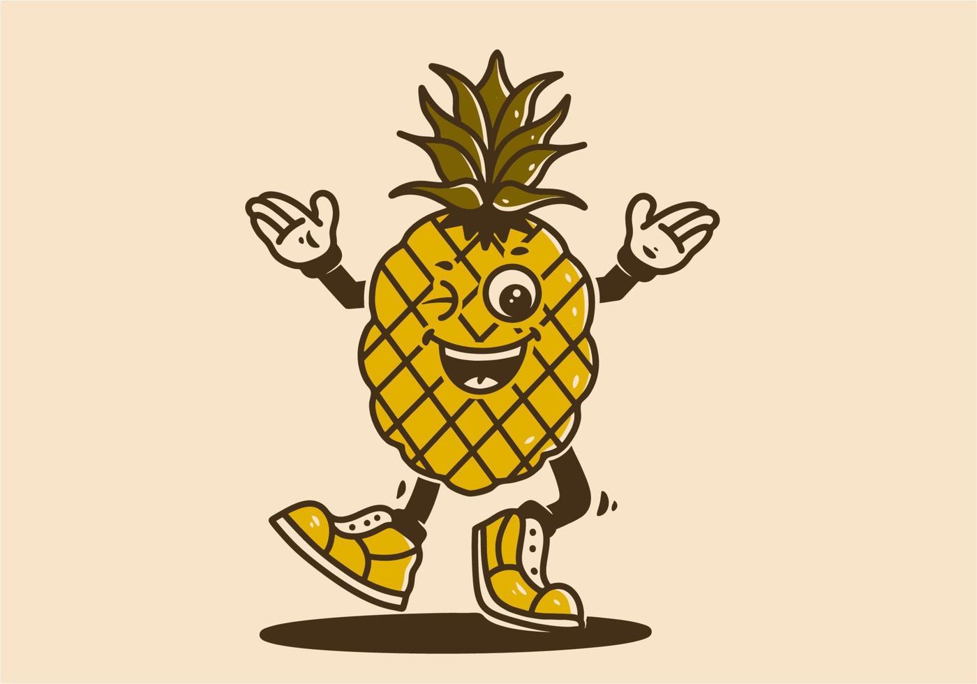 mascotte personnage de en marchant ananas fruit avec content visage vecteur