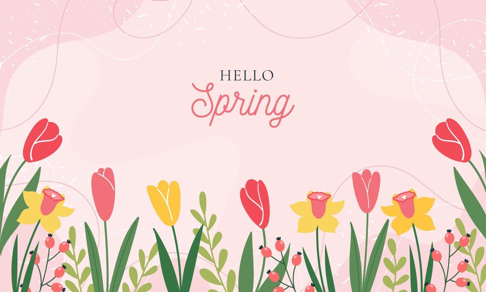 Bonjour printemps. vecteur horizontal printemps bannière. floral rose Contexte. tulipes, coloré printemps fleurs et branches avec feuilles.