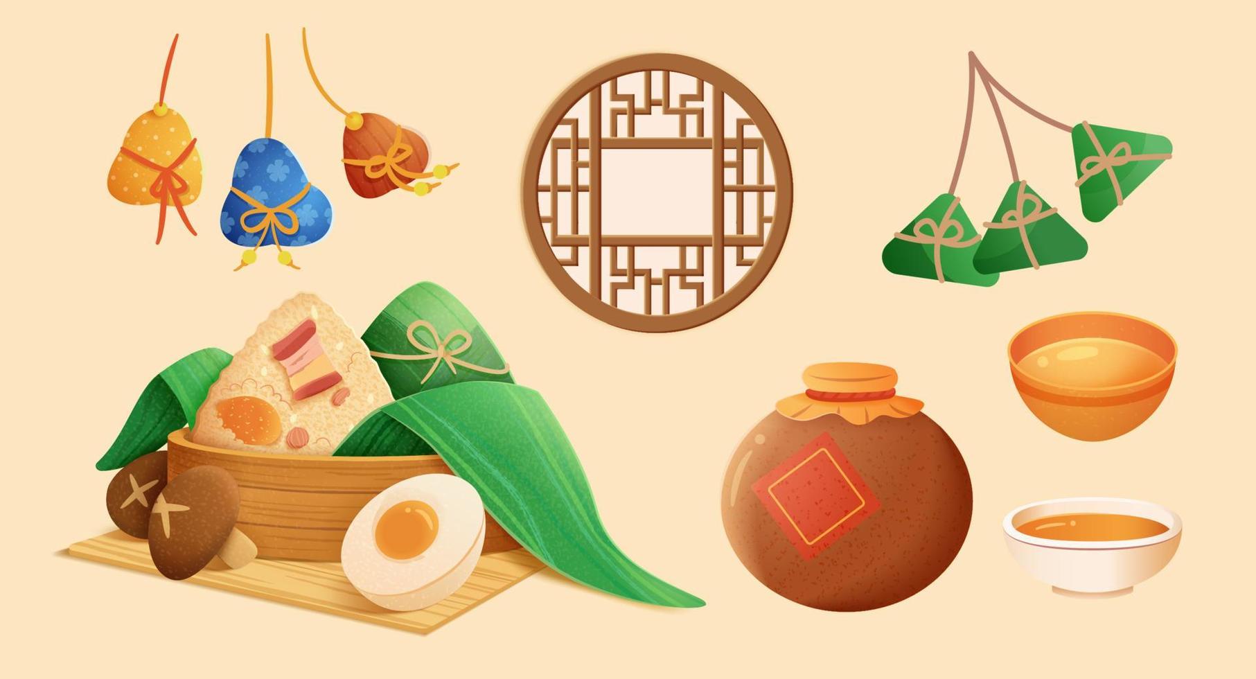 mignonne illustré dragon bateau Festival nourriture élément ensemble, isolé sur beige Contexte. vecteur